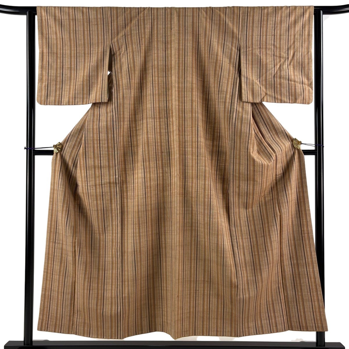 紬 身丈152.5cm 裄丈63cm S 袷 縦縞 茶色 正絹 秀品｜中古・古着