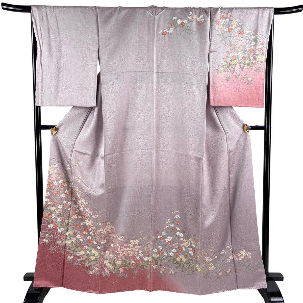 訪問着 身丈165cm 裄丈67.5cm L 袷 椿 女郎花 金彩 染め分け 灰紫 正絹