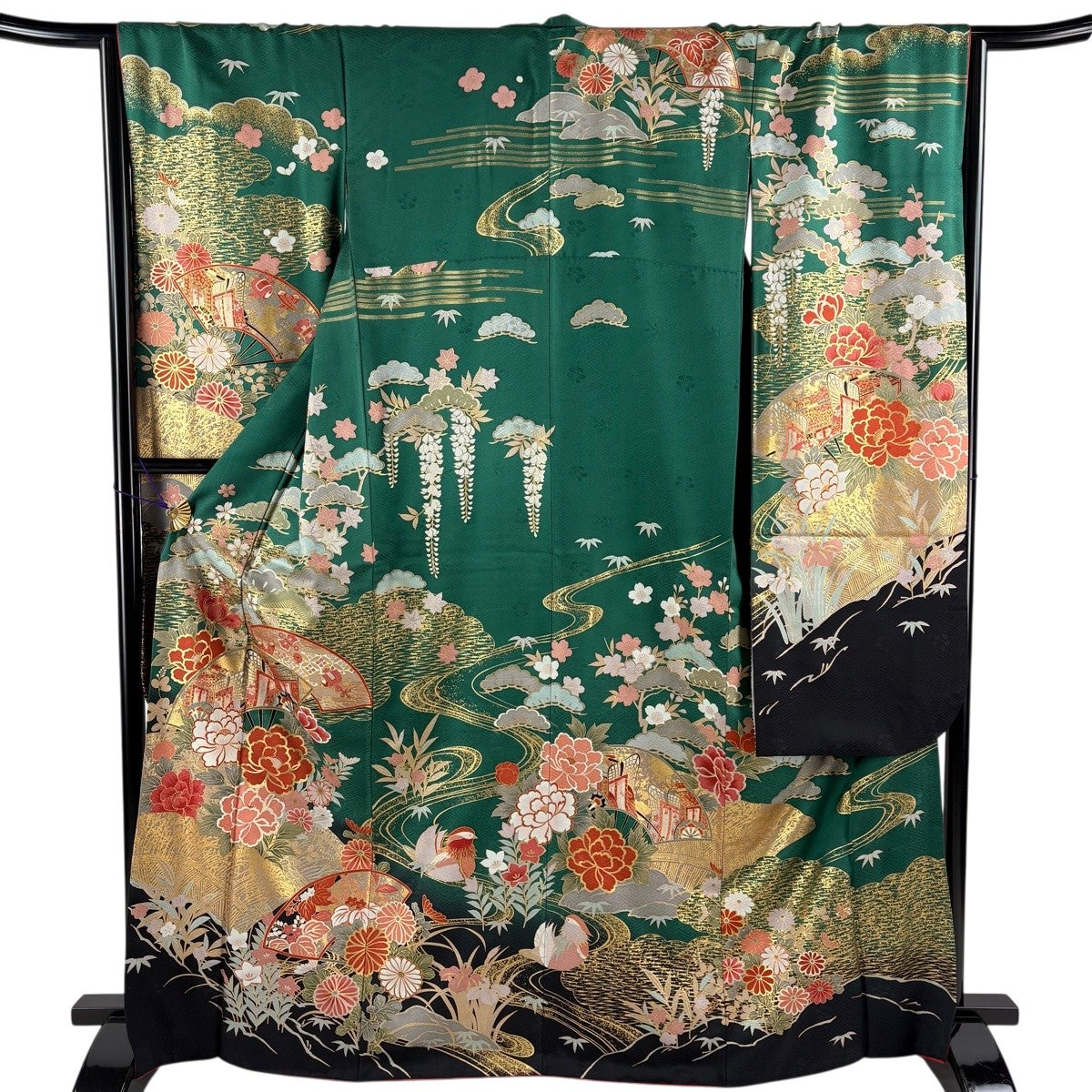 振袖 身丈167cm 裄丈66.5cm M 袷 牡丹 扇面 金糸 金彩 緑 正絹 秀品