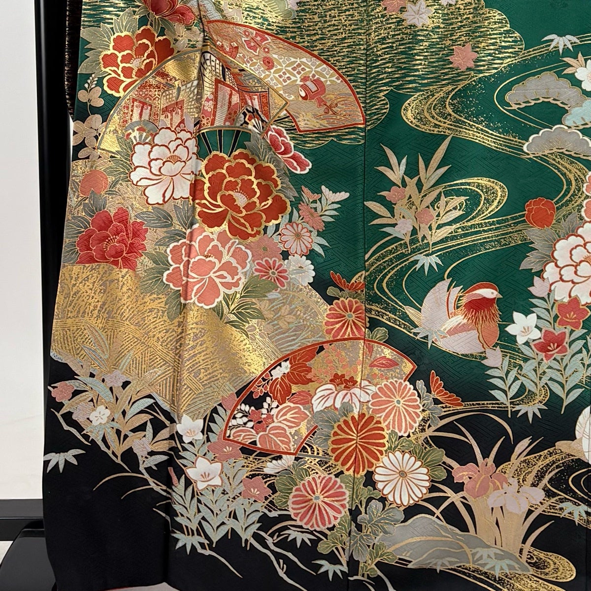 振袖 身丈167cm 裄丈66.5cm M 袷 牡丹 扇面 金糸 金彩 緑 正絹 秀品