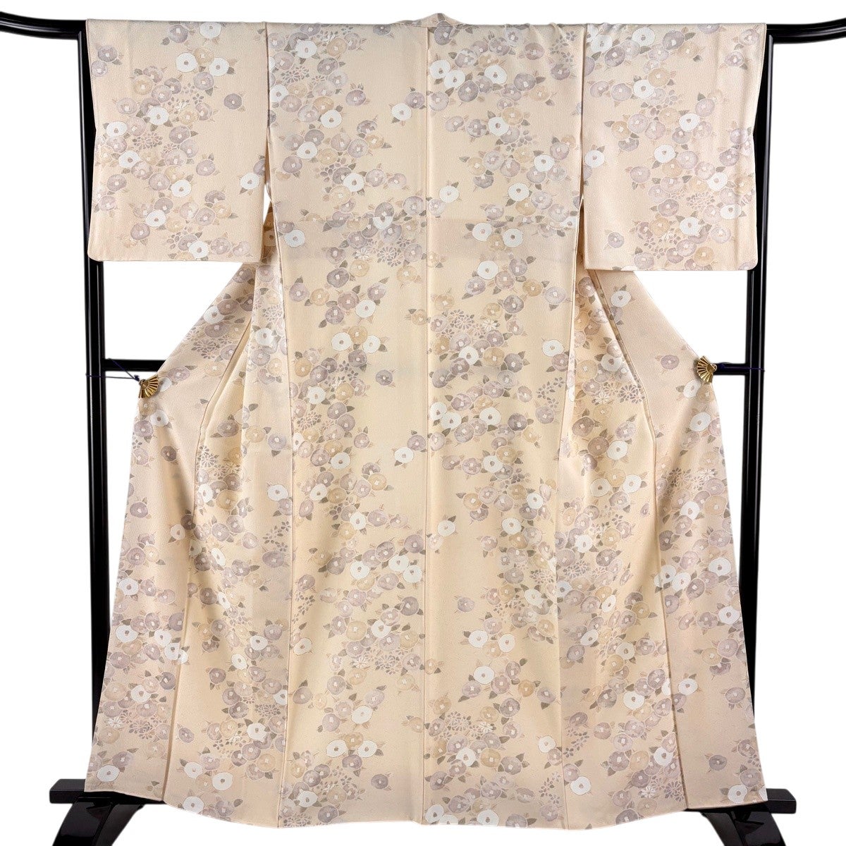 小紋 身丈161cm 裄丈66cm M 袷 地紋 椿 金彩 ベージュ 正絹 秀品｜中古