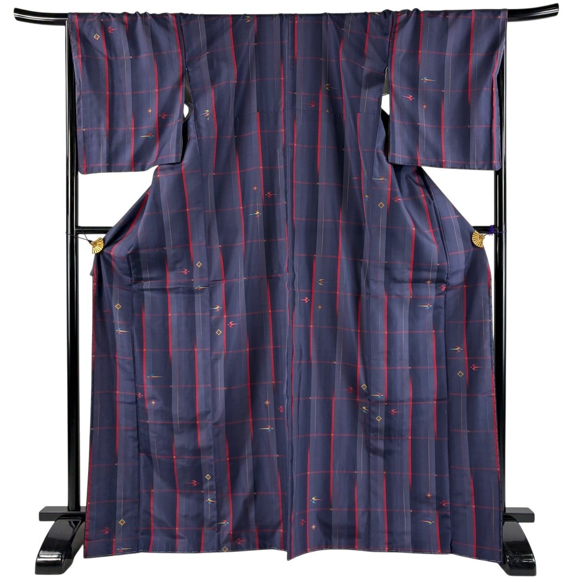 美品】 小紋 身丈170.5cm 裄丈69cm L 袷 紬地 燕 縞 箔 青紫 正絹 秀品