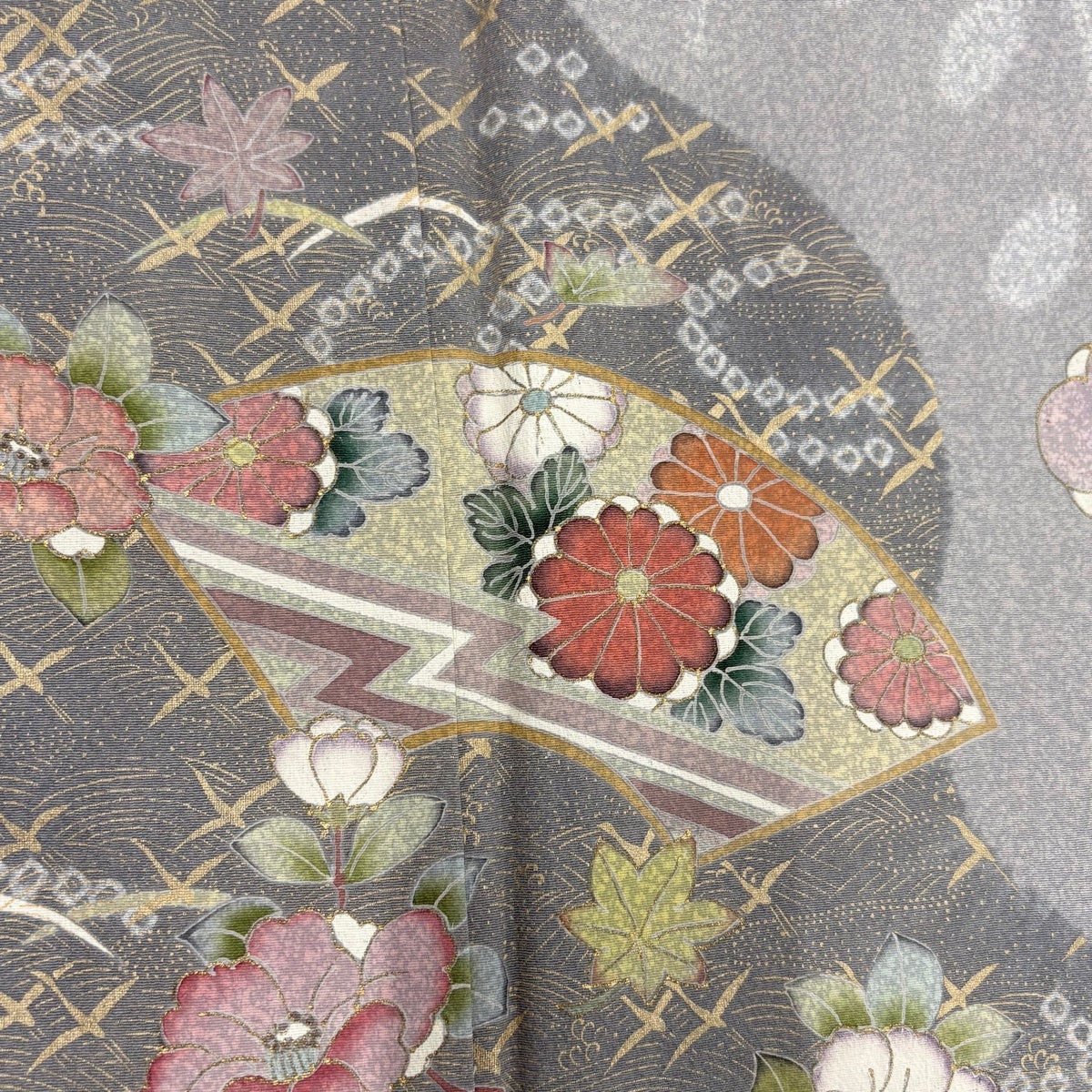 訪問着 身丈159cm 裄丈63cm S 袷 扇面 草花 金彩 染分け 灰色 正絹 秀