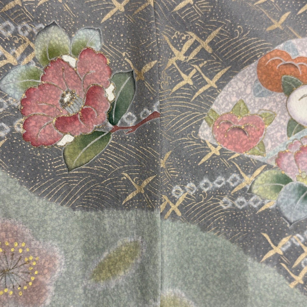 訪問着 身丈159cm 裄丈63cm S 袷 扇面 草花 金彩 染分け 灰色 正絹 秀