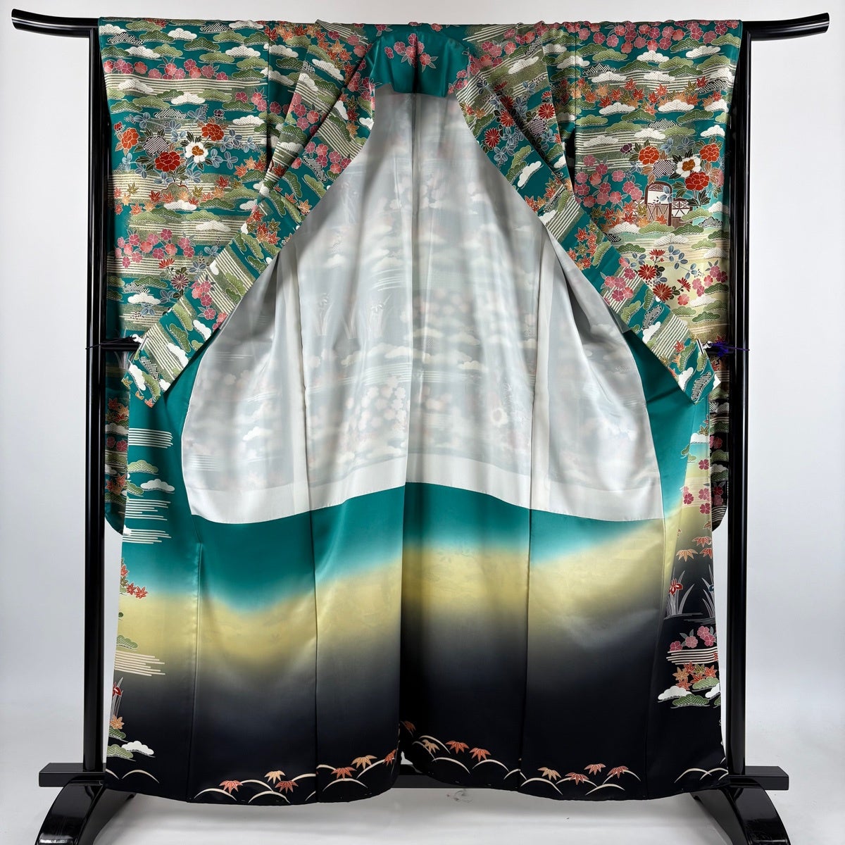 振袖 身丈160.5cm 裄丈67.5cm L 袷 建物 牡丹 金糸 金彩 青緑 正絹 秀