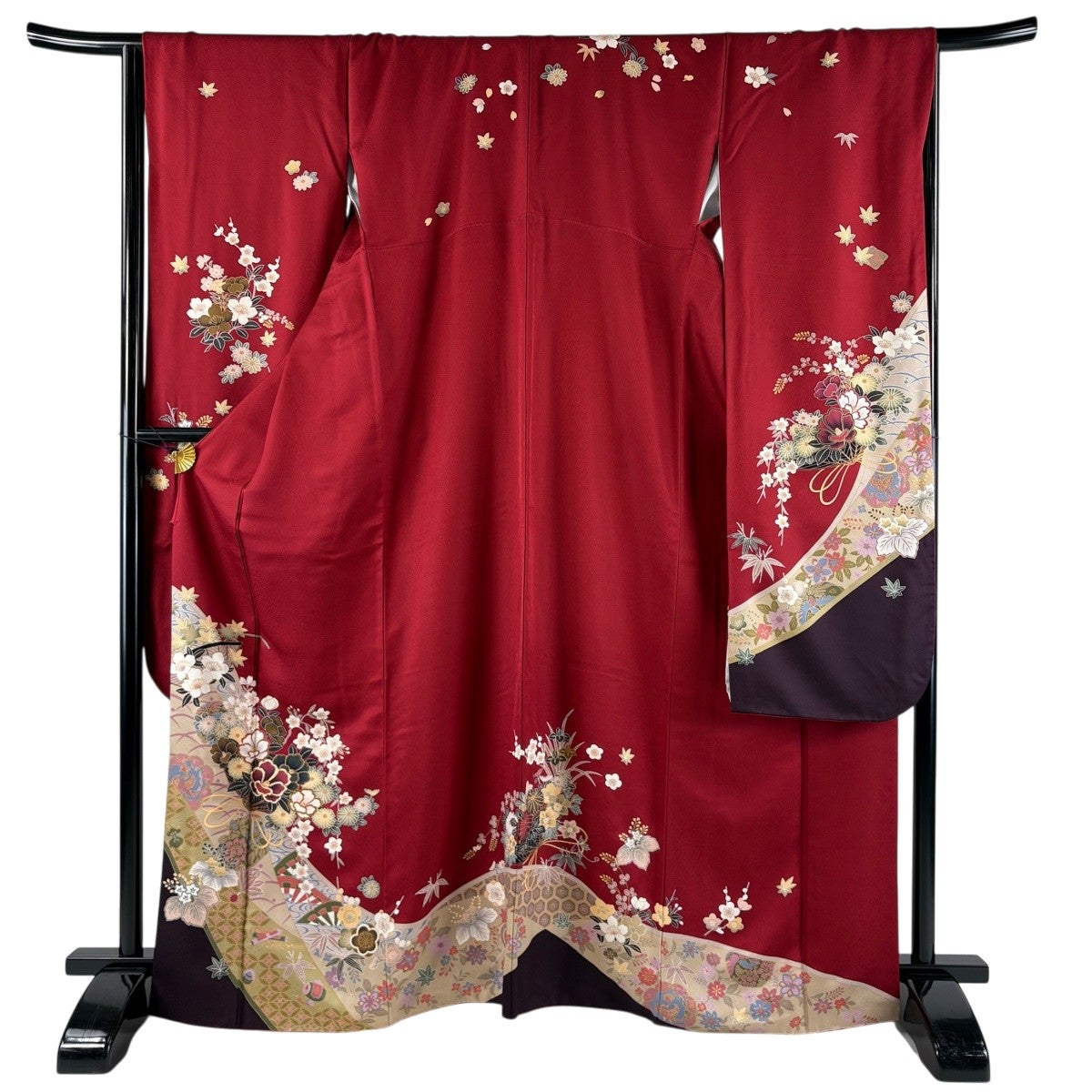振袖 身丈166cm 裄丈66cm M 袷 花籠 桐 金糸 金彩 赤 正絹 秀品｜中古