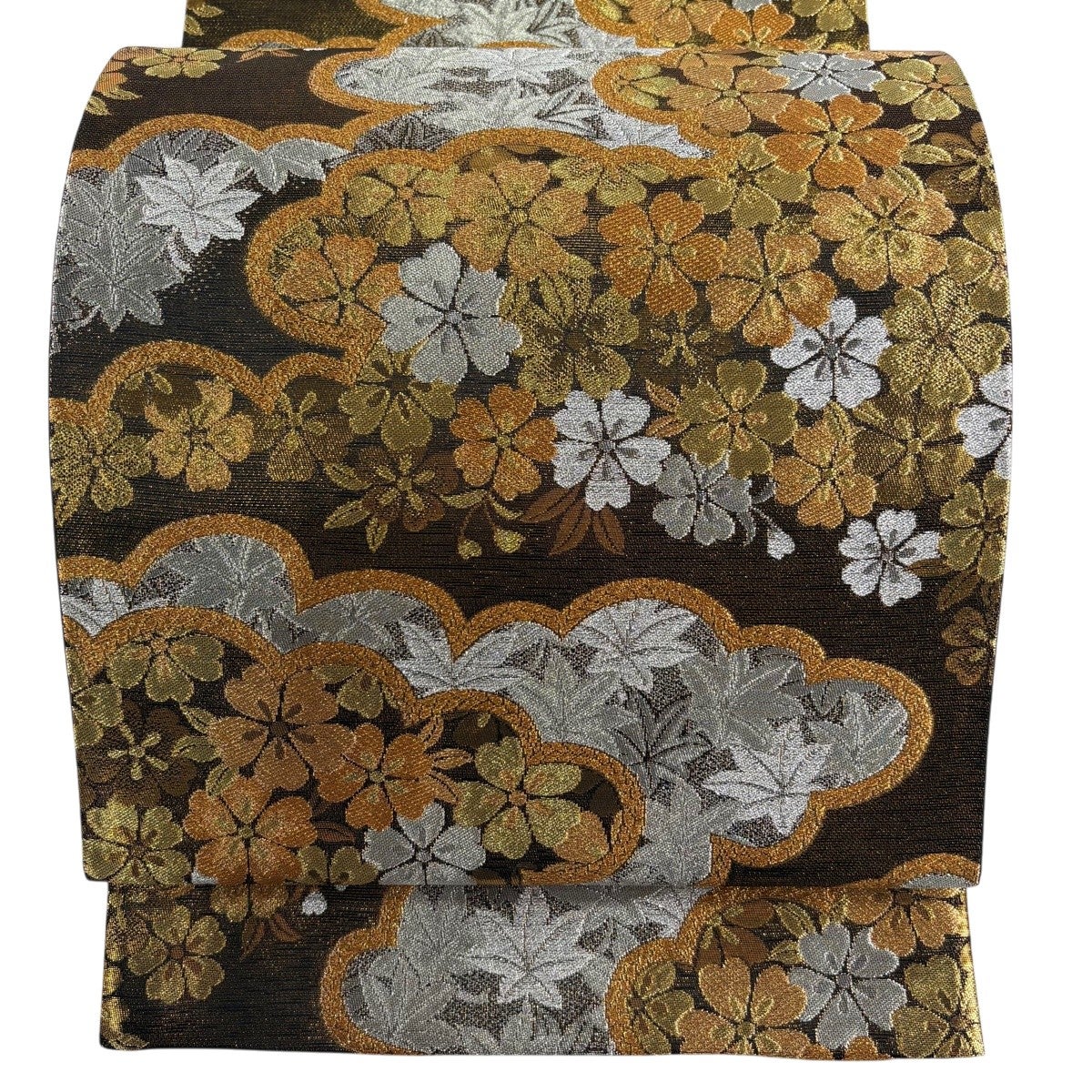 美品】 袋帯 秀品 桜 雲文 金銀糸 茶色 六通 正絹｜中古・古着