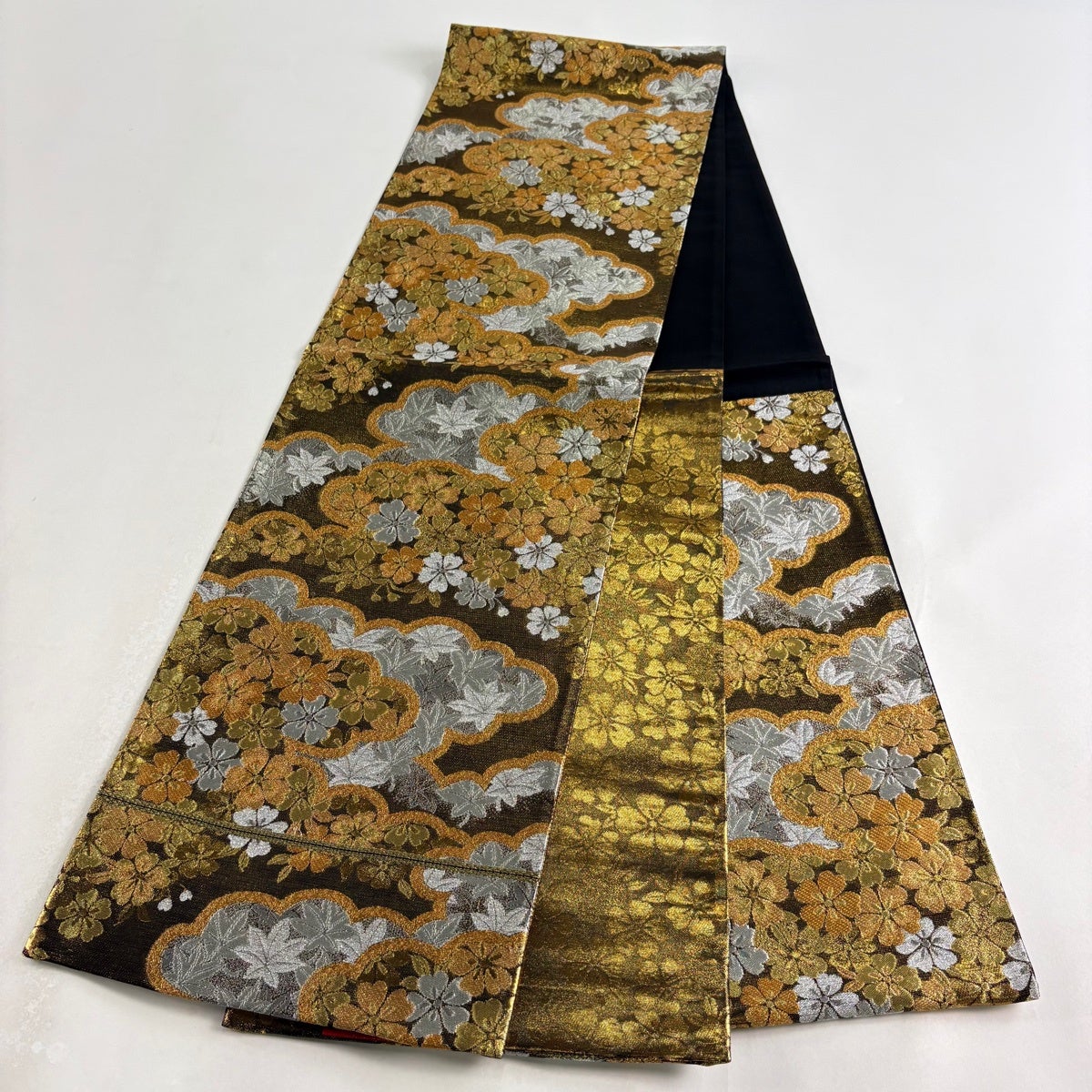 美品】 袋帯 秀品 桜 雲文 金銀糸 茶色 六通 正絹｜中古・古着