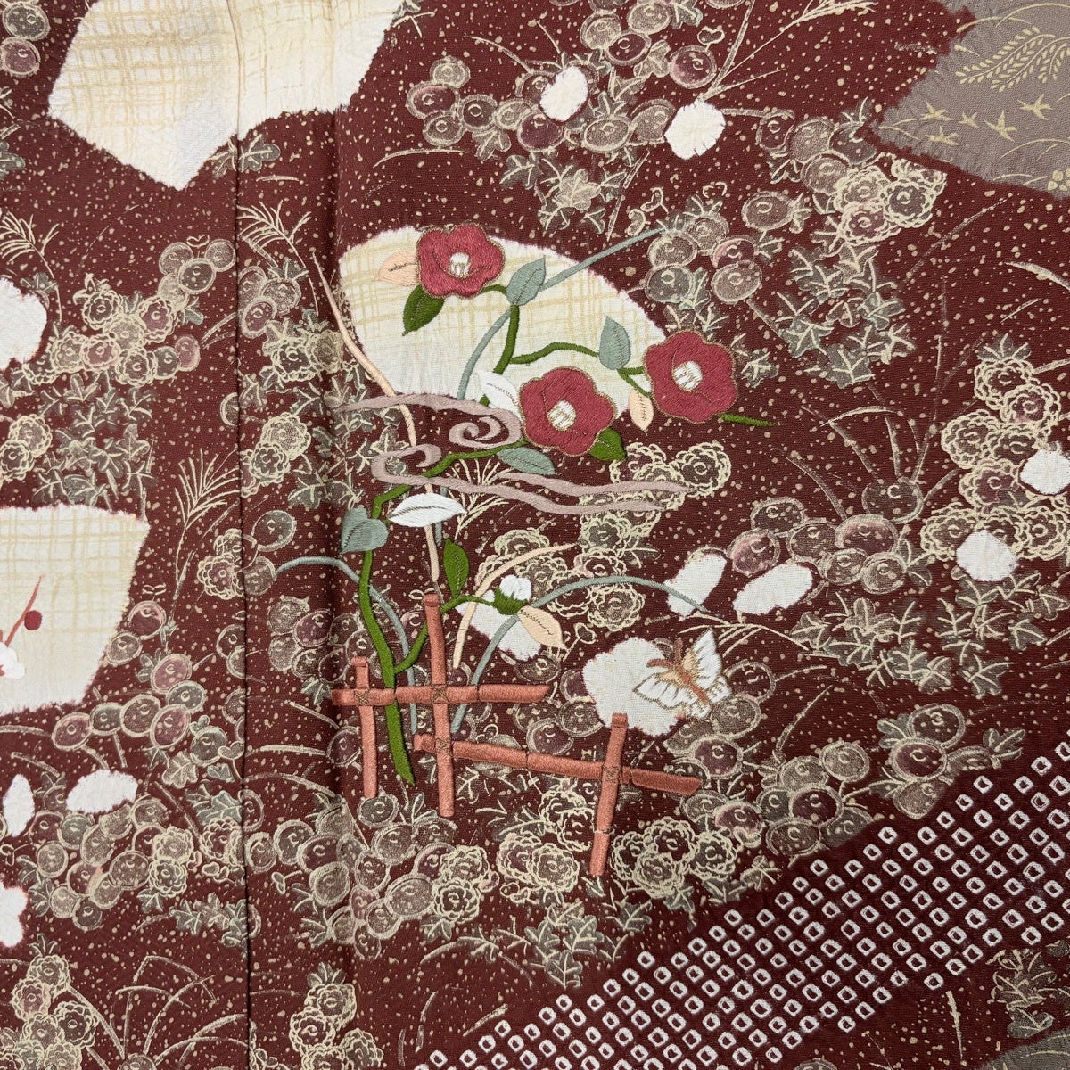 訪問着 身丈159cm 裄丈62.5cm S 袷 扇面 草花 刺繍 金彩 茶色 正絹 秀