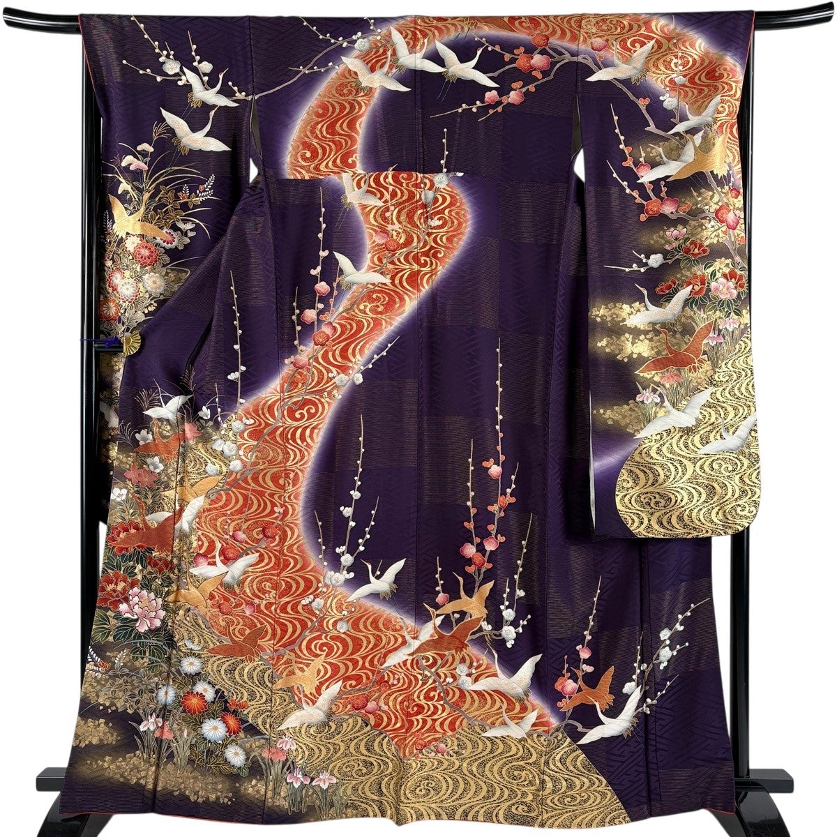 振袖 身丈165cm 裄丈67cm M 袷 鶴 草花 金糸 金彩 紫 正絹 秀品｜中古