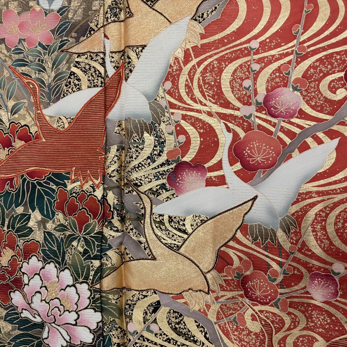 振袖 身丈165cm 裄丈67cm M 袷 鶴 草花 金糸 金彩 紫 正絹 秀品｜中古