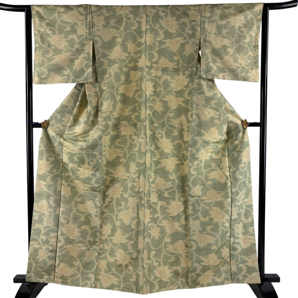 美品】 紬 身丈153cm 裄丈63cm S 袷 麻の葉 深緑 正絹 優品｜中古