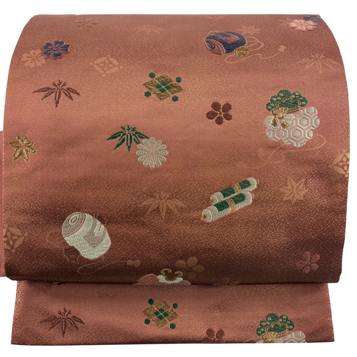 美品】 名古屋帯 優品 宝尽くし 桜 唐織 金糸 小豆色 正絹｜中古・古着