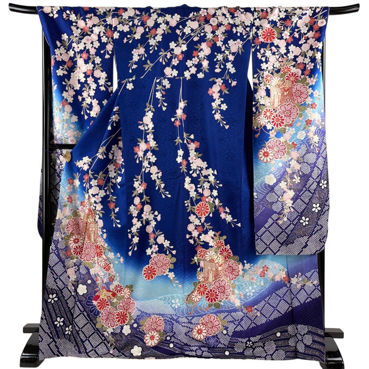 美品】 振袖 身丈172cm 裄丈69.5cm L 袷 御所車 草花 金彩 ぼかし 青