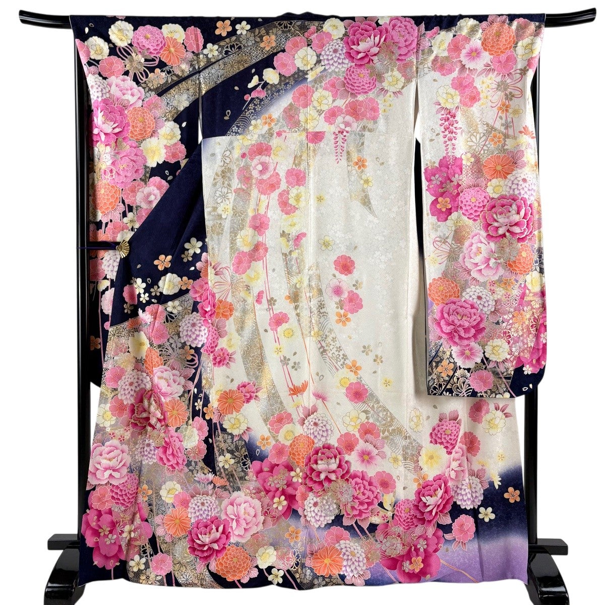 美品】 振袖 身丈168cm 裄丈67.5cm L 袷 牡丹 几帳 箔 金銀彩 紺色