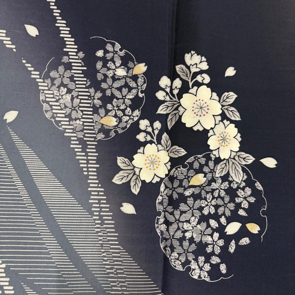 訪問着 身丈171.5cm 裄丈70cm L 袷 紬地 雪輪 桜 金彩 染め分け 紺色