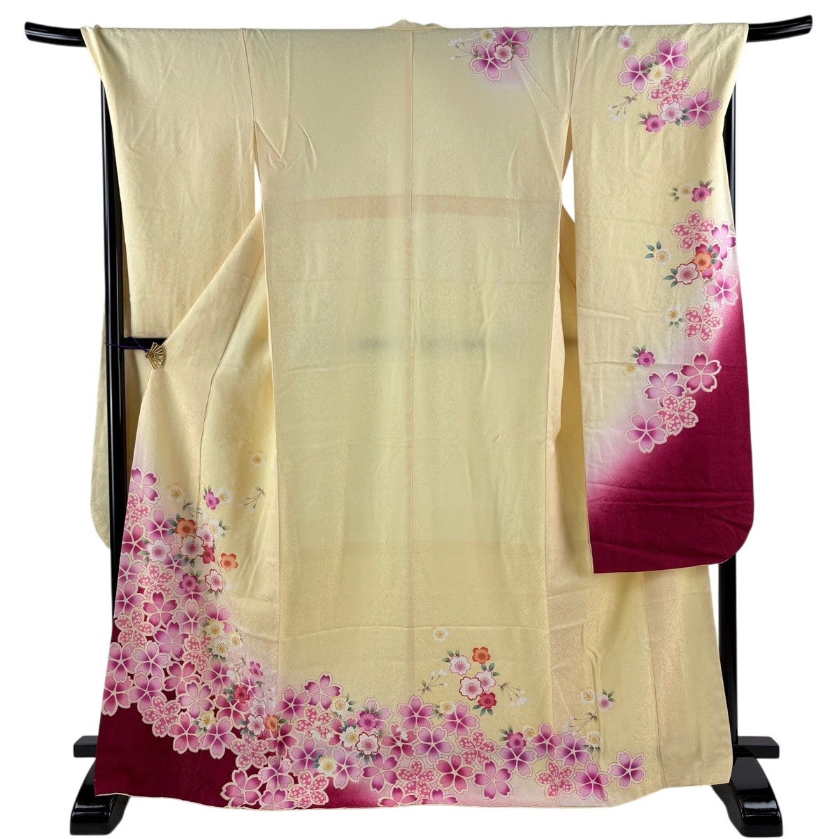 振袖 身丈168cm 裄丈69.5cm L 袷 桜 金糸 金彩 薄黄 正絹 名品｜中古