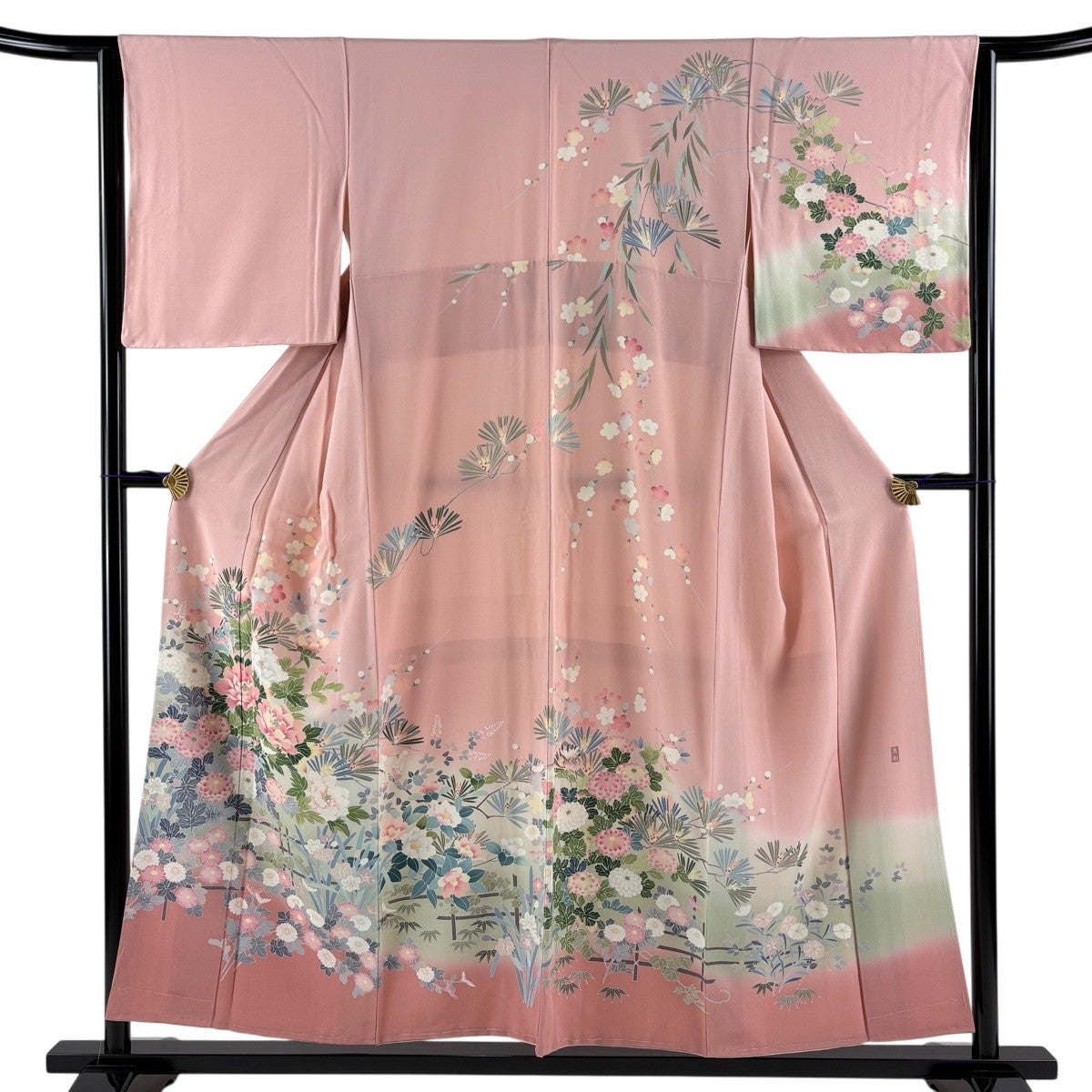 訪問着 身丈154cm 裄丈63cm S 袷 落款あり 牡丹 菊 染め分け ぼかし