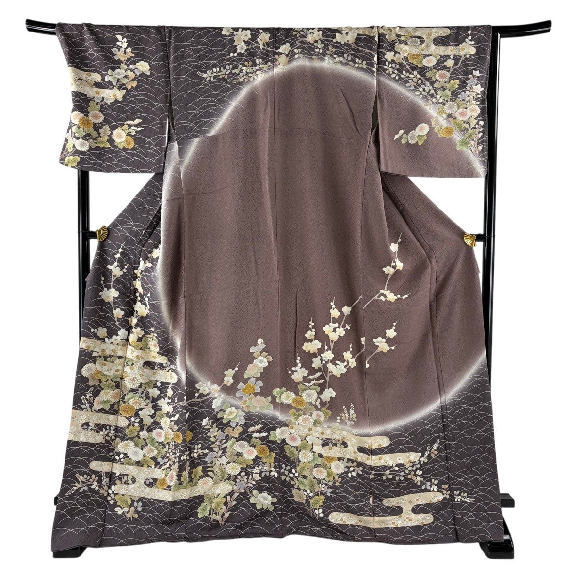 訪問着 身丈170cm 裄丈70.5cm L 袷 菊 ヱ霞 金糸 金彩 灰紫 正絹 名品