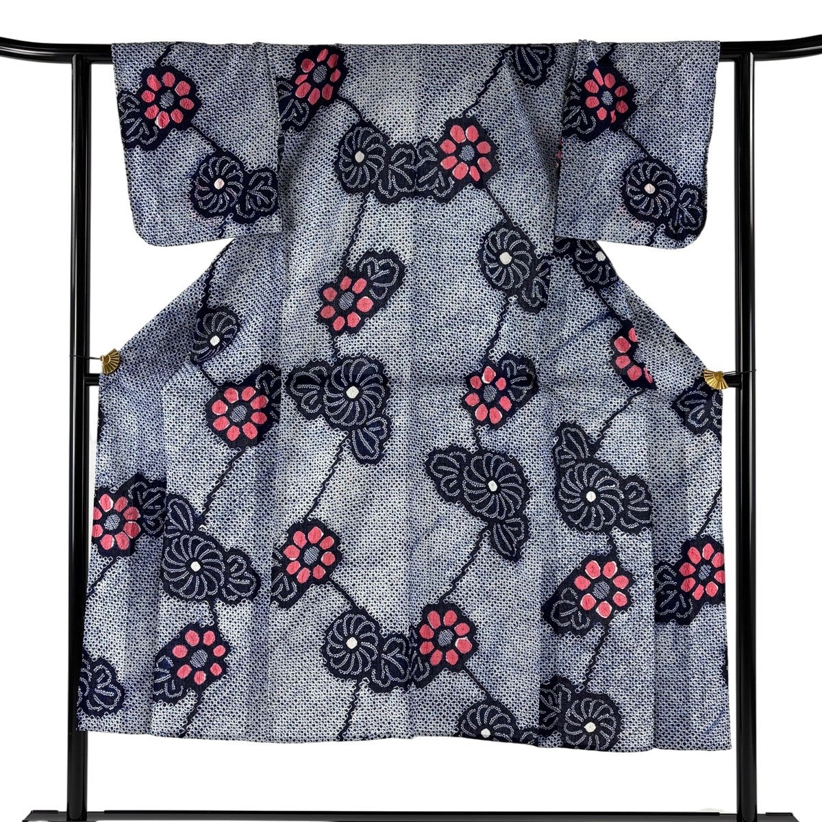 美品】 浴衣 身丈156.5cm 裄丈64cm M 絞り浴衣 草花 紺色 綿 名品