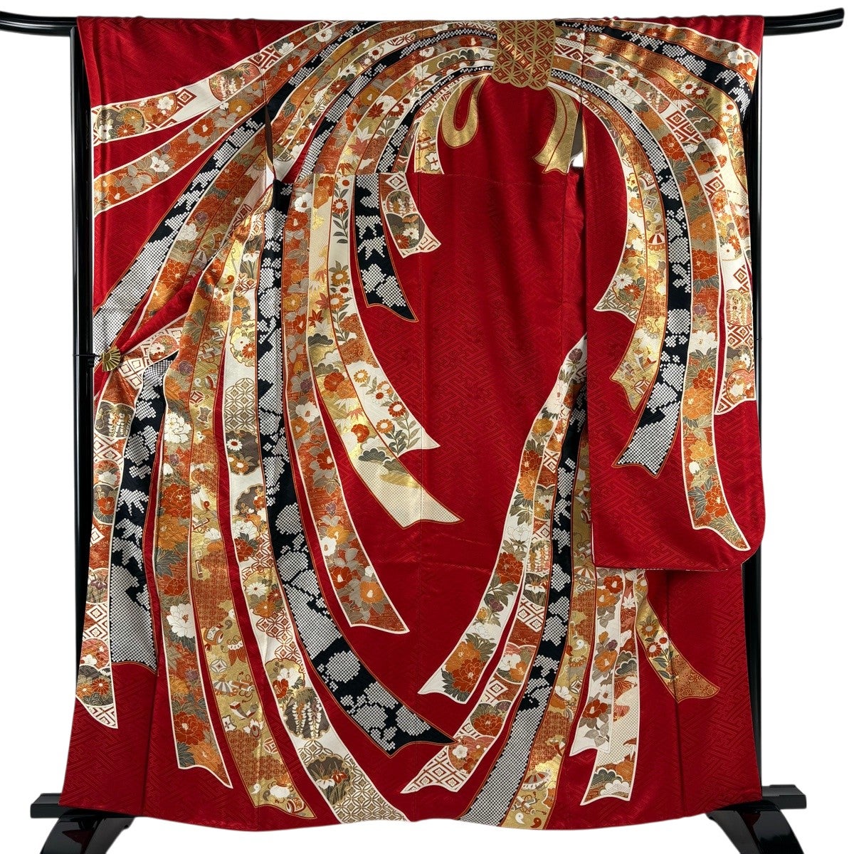 美品】 振袖 身丈162.5cm 裄丈66cm M 袷 束ね熨斗 牡丹 金糸 金彩 赤