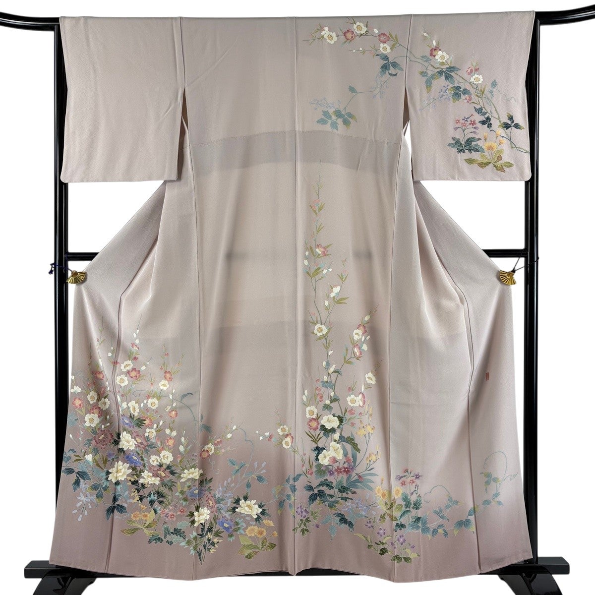訪問着 身丈162.5cm 裄丈65cm M 袷 落款あり 枝花 萩 金彩 灰色 正絹
