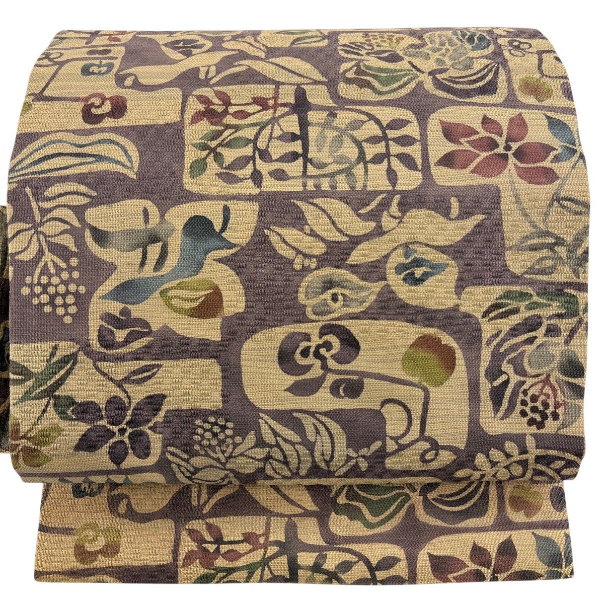 新品未使用　正絹　名古屋帯　アール・ヌーヴォー　唐草　草花模様 美品】 名古屋帯 名品 草花 幾何学模様 銀通し 灰紫 正絹｜中古・古着