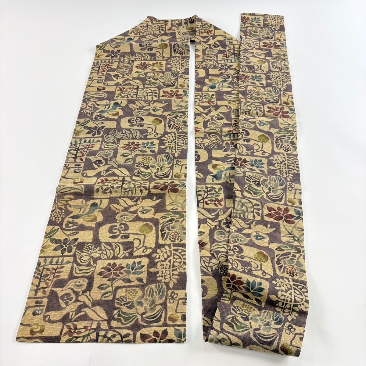 美品】 名古屋帯 名品 草花 幾何学模様 銀通し 灰紫 正絹｜中古・古着