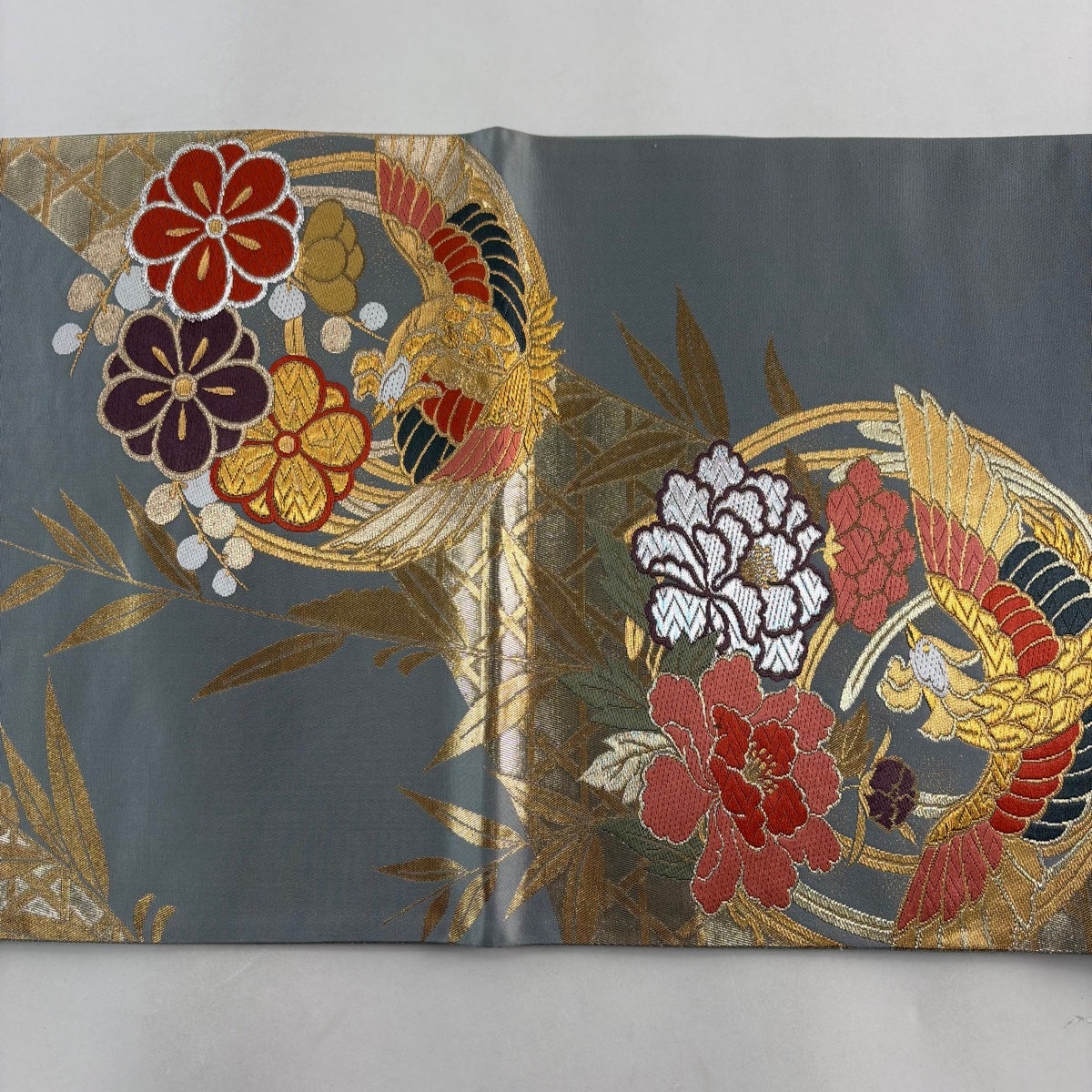 50%OFF 袋帯 秀品 鳳凰 牡丹 箔 唐織 灰色 六通 正絹 K50｜中古・古着