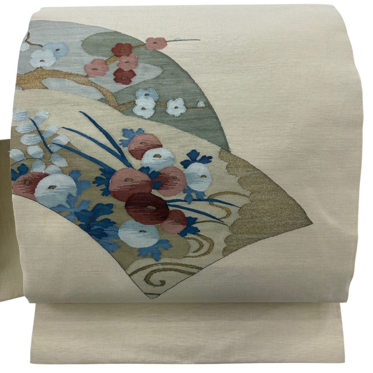 名古屋帯 秀品 万寿菊 枝梅 金糸 ベージュ 正絹｜中古・古着