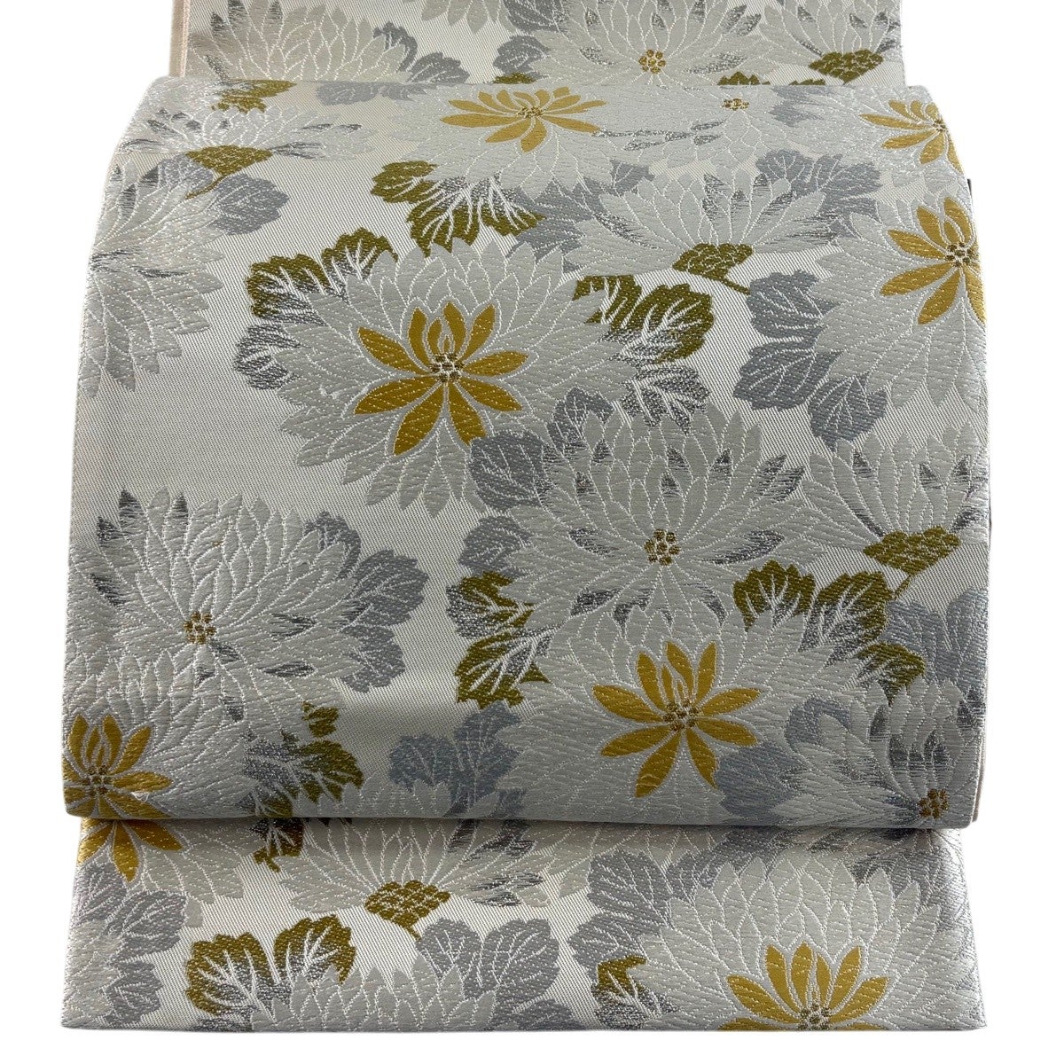 美品 袋帯 名品 菊 唐織 金銀糸 灰白 六通 正絹｜中古・古着