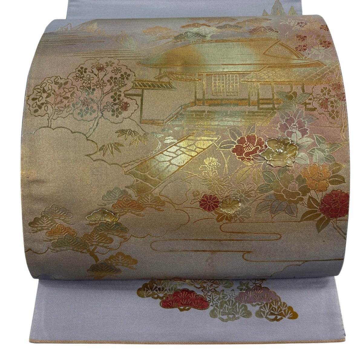 袋帯 秀品 関西仕立て 菊 流水 螺鈿 金彩 青灰色 お太鼓柄 正絹｜中古