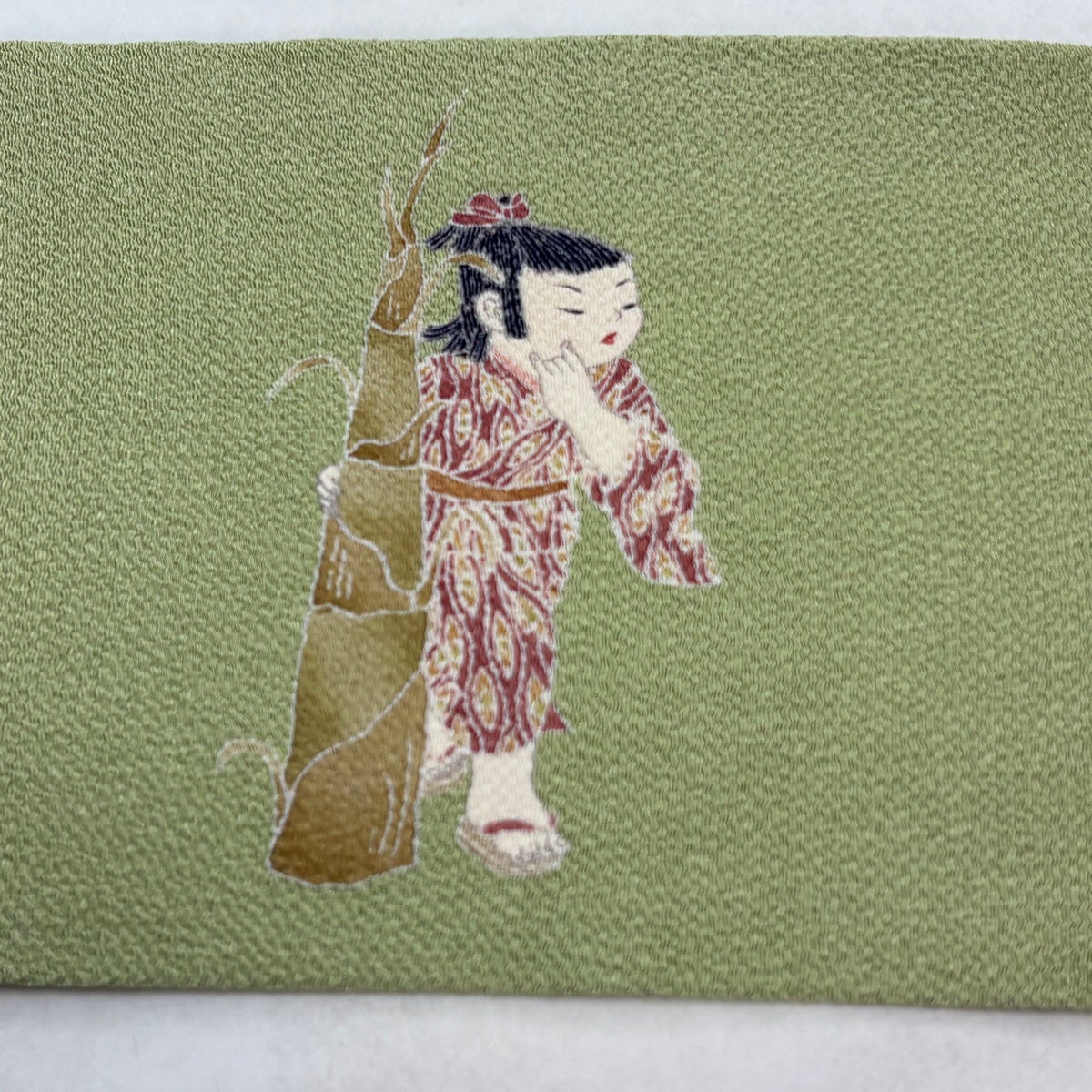 名古屋帯 名品 関口遼一 落款あり 童 筍 縮緬 薄緑 正絹｜中古・古着