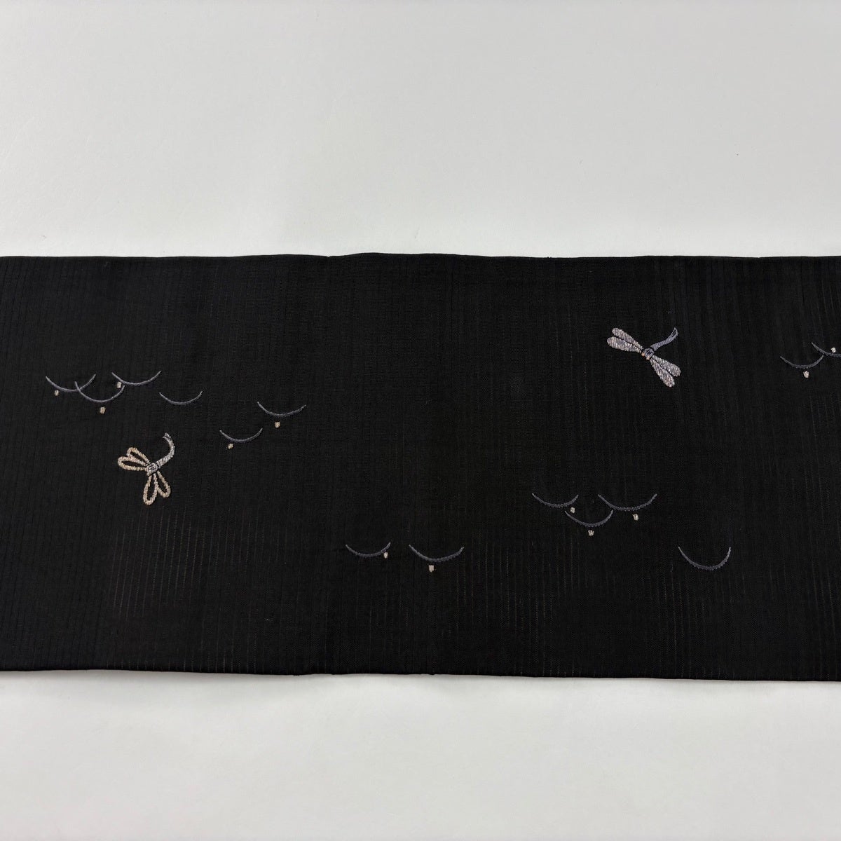 名古屋帯 名品 夏帯 絽 うちわ トンボ 金糸 刺繍 黒 正絹｜中古・古着