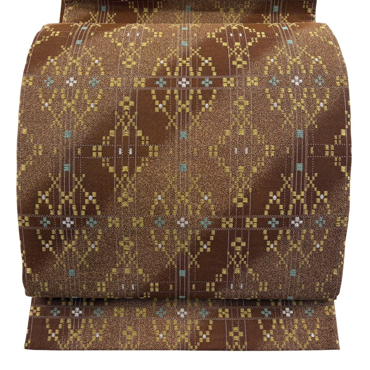 50%OFF 【美品】 袋帯 名品 幾何学模様 縞 薄茶色 お太鼓柄 正絹 K50