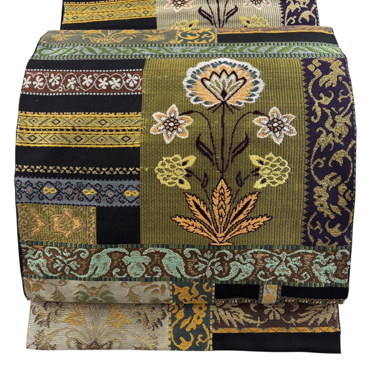 美品】 袋帯 名品 落款あり 花唐草 箔 唐織 焦茶色 六通 正絹｜中古