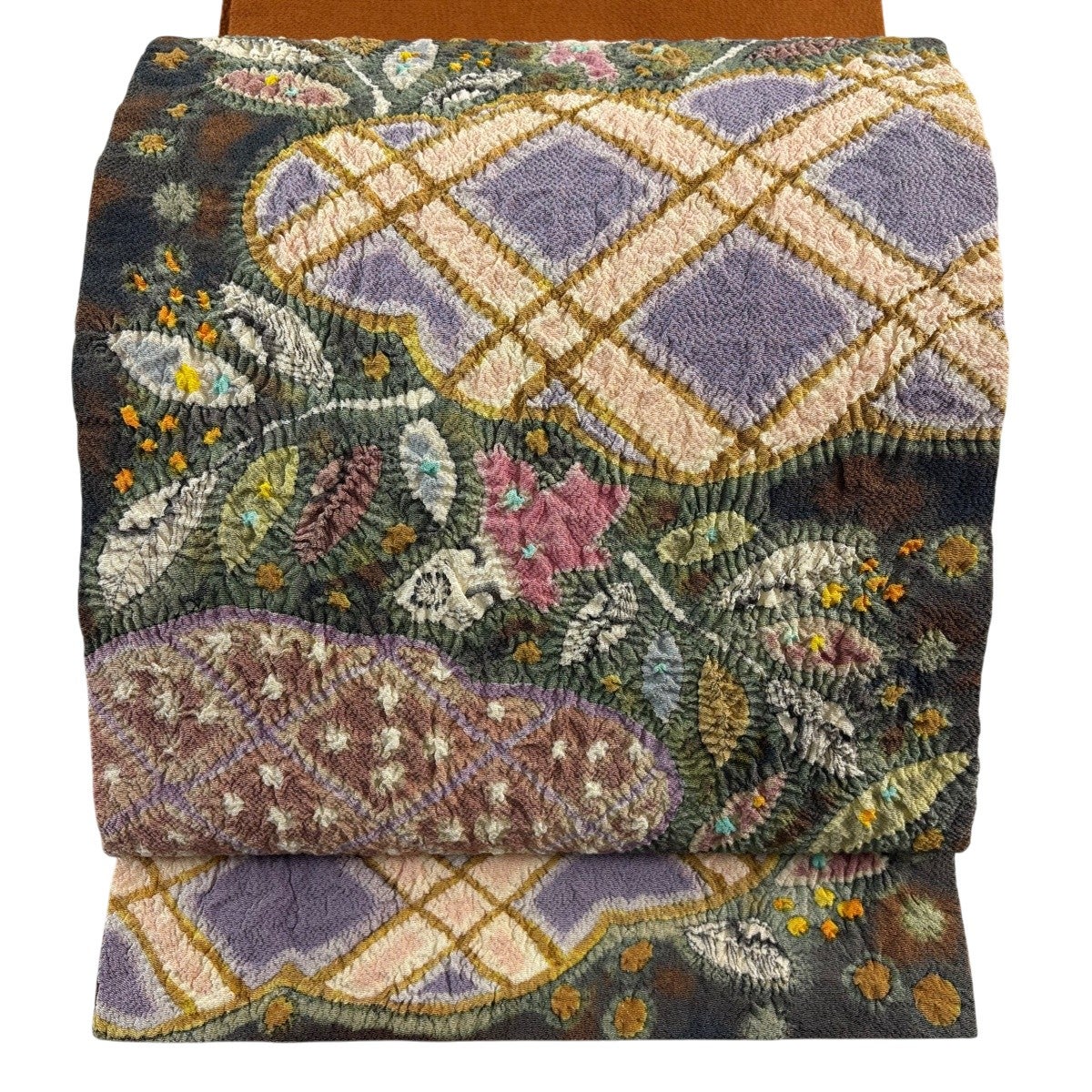 m317 菊 刺繍 名古屋帯 正絹 茶系 開き名古屋帯 名品 落款あり 草花 雲文 絞り 縮緬 茶色 正絹｜中古