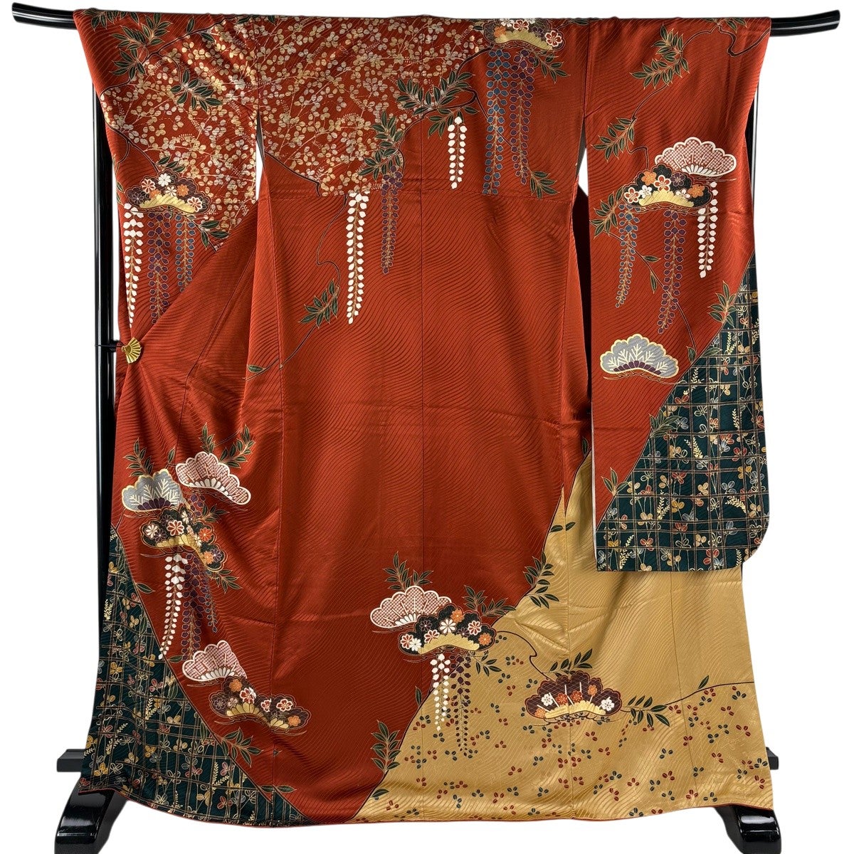 振袖 身丈169cm 裄丈69cm L 袷 笠松 菊 金糸 金彩 赤茶 正絹 秀品