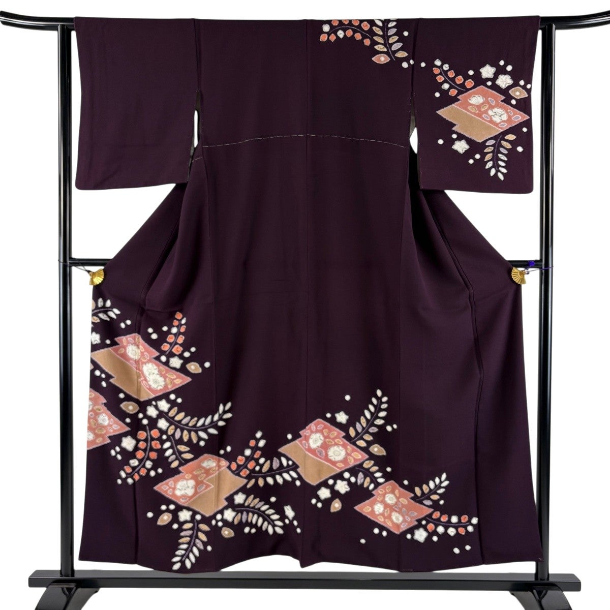 訪問着 身丈154cm 裄丈62cm S 袷 草花 葉柄 絞り 濃紫 正絹 秀品｜中古