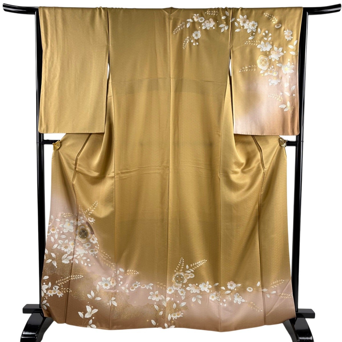 訪問着 身丈165.5cm 裄丈65.5cm M 袷 枝花 花 金銀彩 山吹茶色 正絹 秀