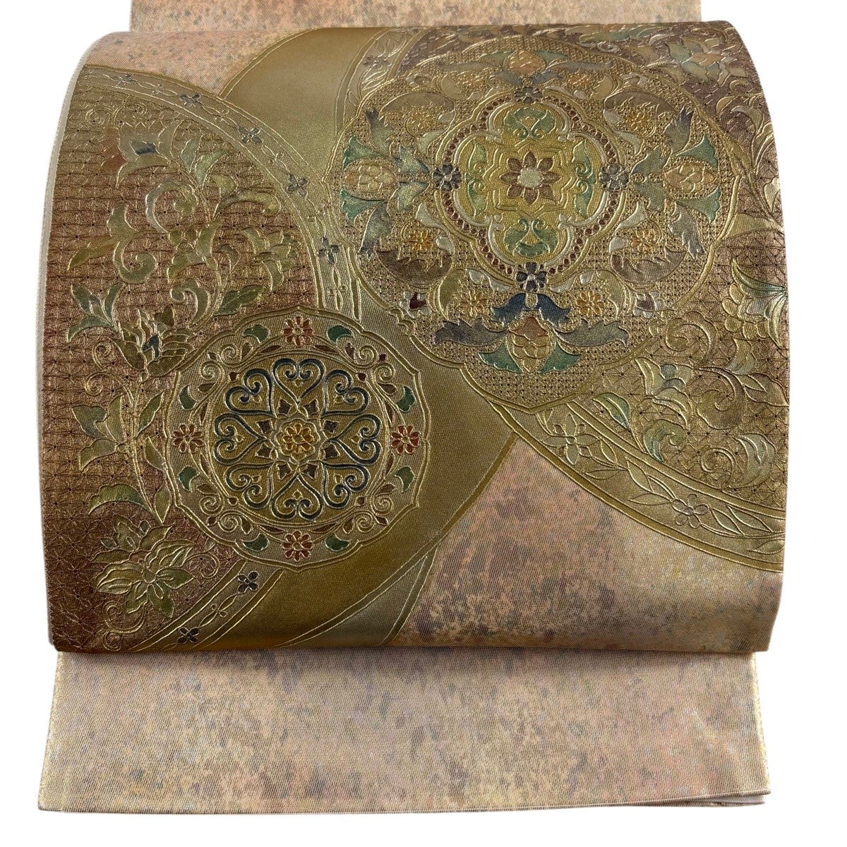 袋帯 秀品 草花 霞 金糸 金彩 薄ピンク お太鼓柄 正絹｜中古・古着