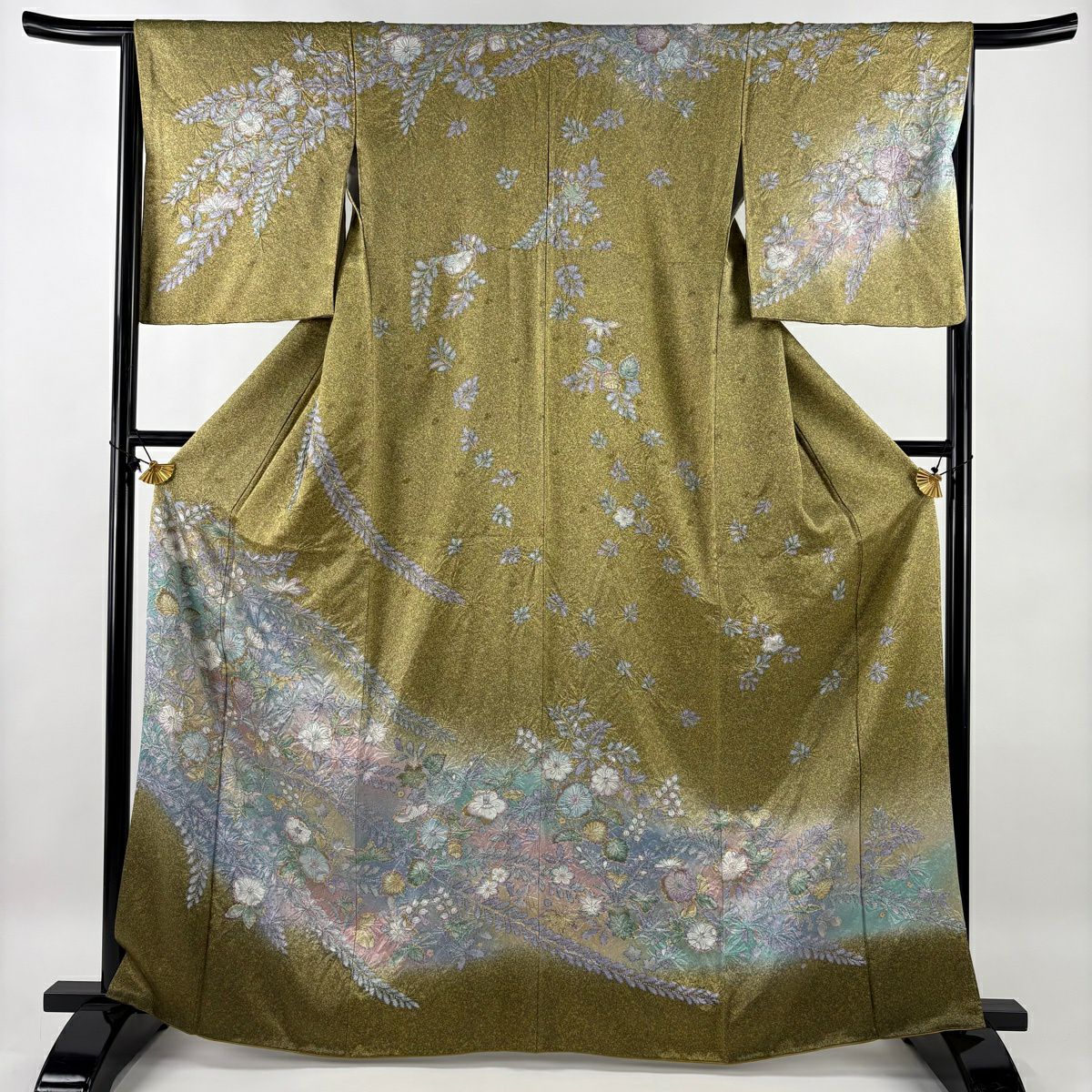 「縁」154ｃｍ～160ｃｍ ちりめん地 辻が花 金彩染 訪問着 正絹 Ｂ９４１ 在庫一掃】 訪問着 身丈156.5cm 裄丈65cm M 袷 落款あり 辻が花柄 金彩