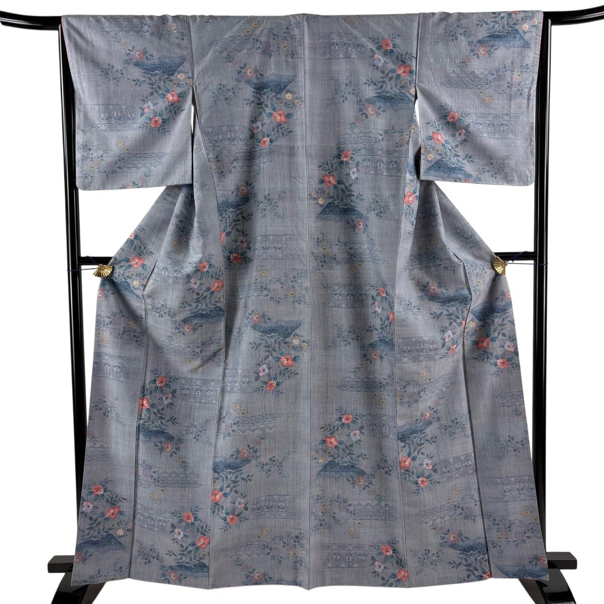 紬 身丈163cm 裄丈65cm M 袷 落款あり 椿 草花 灰紫 正絹 秀品｜中古