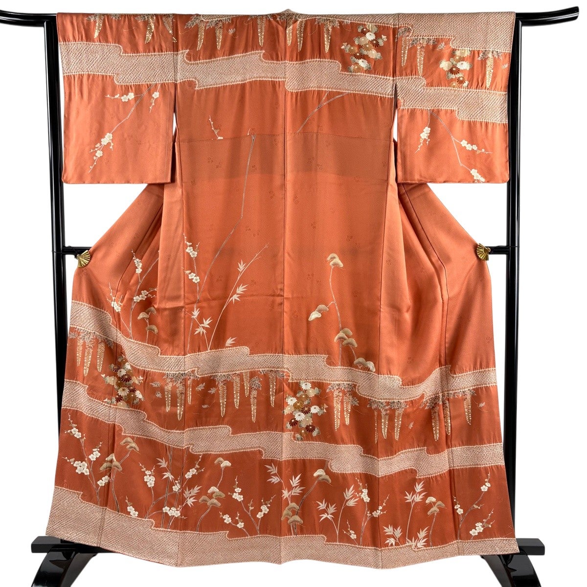 訪問着 身丈161.5cm 裄丈65cm M 袷 菊 藤 金糸 絞り オレンジ 正絹 秀