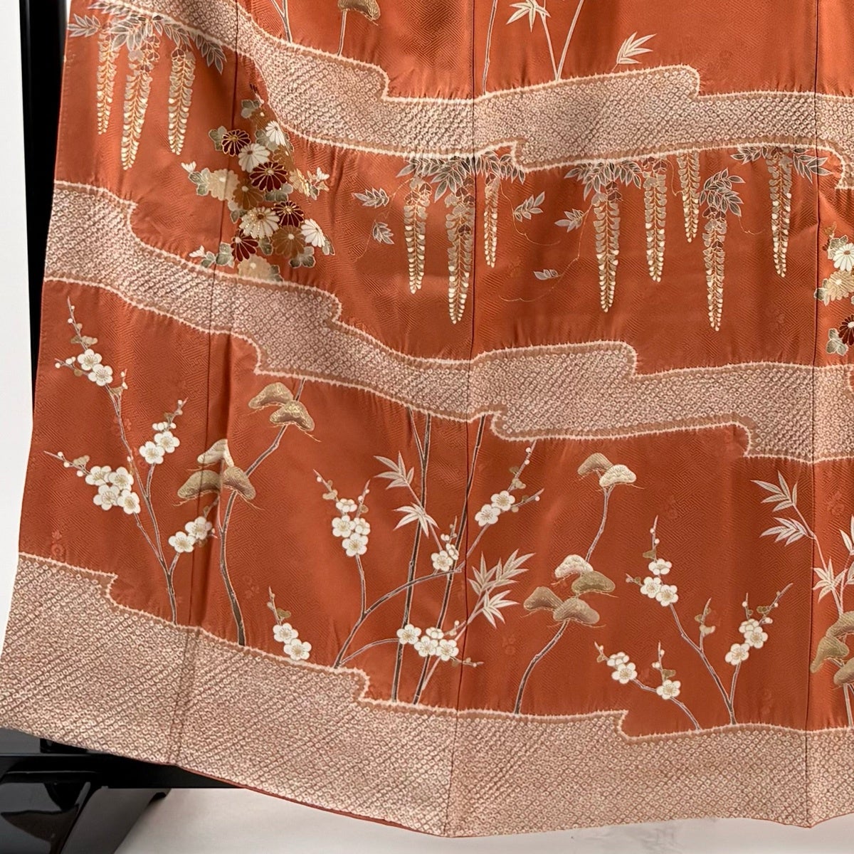 訪問着 身丈161.5cm 裄丈65cm M 袷 菊 藤 金糸 絞り オレンジ 正絹 秀