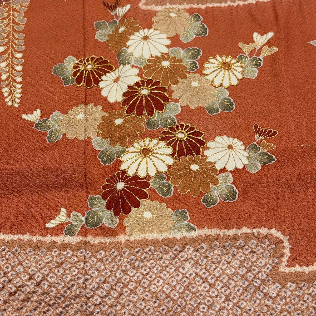 訪問着 身丈161.5cm 裄丈65cm M 袷 菊 藤 金糸 絞り オレンジ 正絹 秀