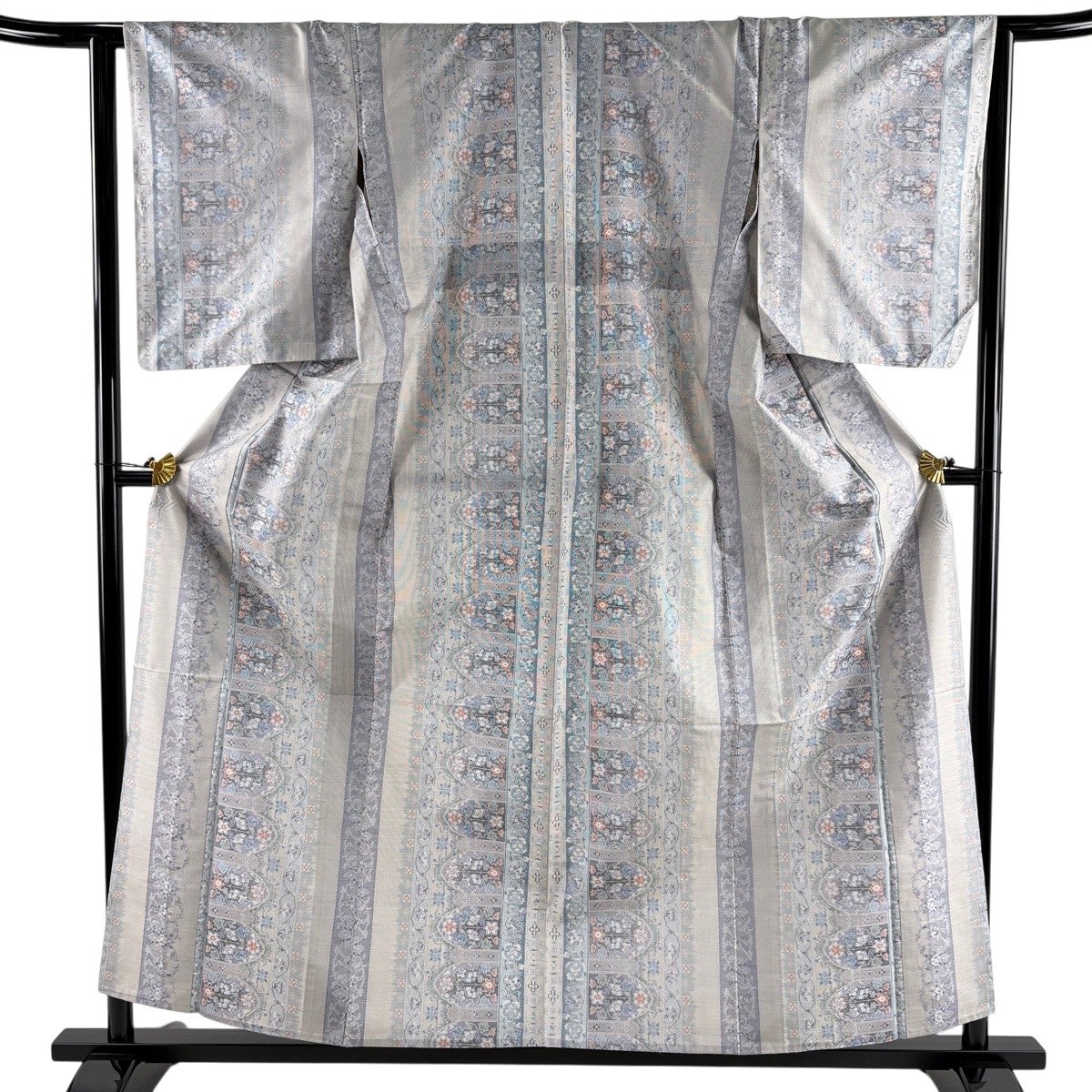 美品】 紬 身丈158cm 裄丈64cm M 単衣 草花 縞 灰紫 正絹 秀品｜中古