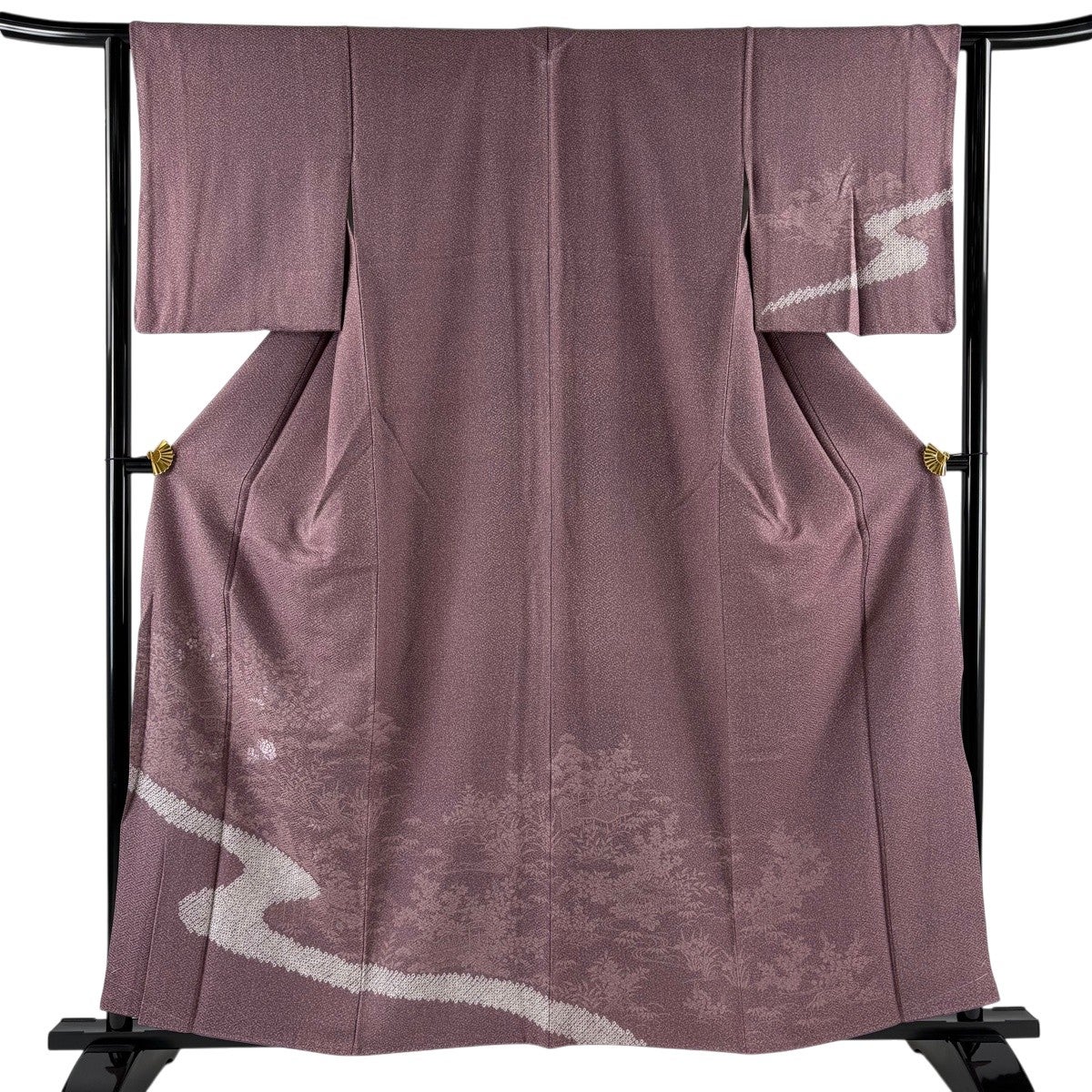 美品】 訪問着 身丈169cm 裄丈70cm L 袷 紬地 草花 流水 絞り 灰茶