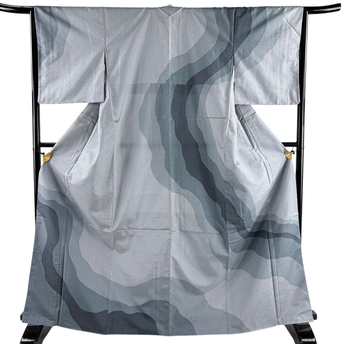 美品】 訪問着 身丈167cm 裄丈65cm M 袷 紬地 波 青灰色 正絹 秀品