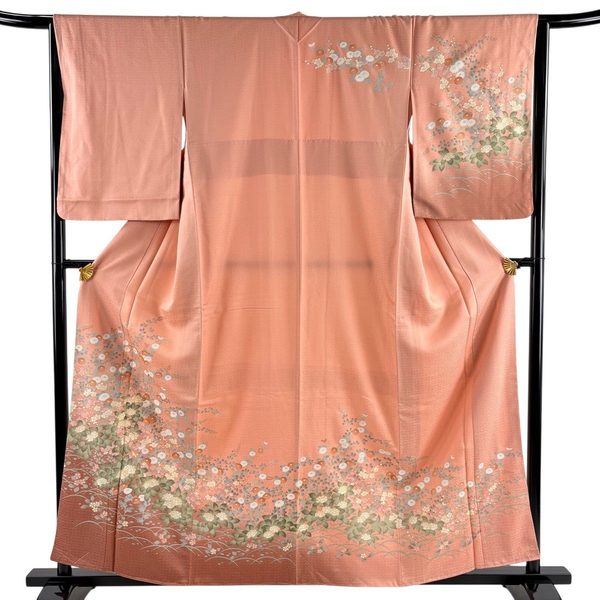 美品】 訪問着 身丈160cm 裄丈66cm M 袷 菊 草花 金彩 ぼかし サーモン